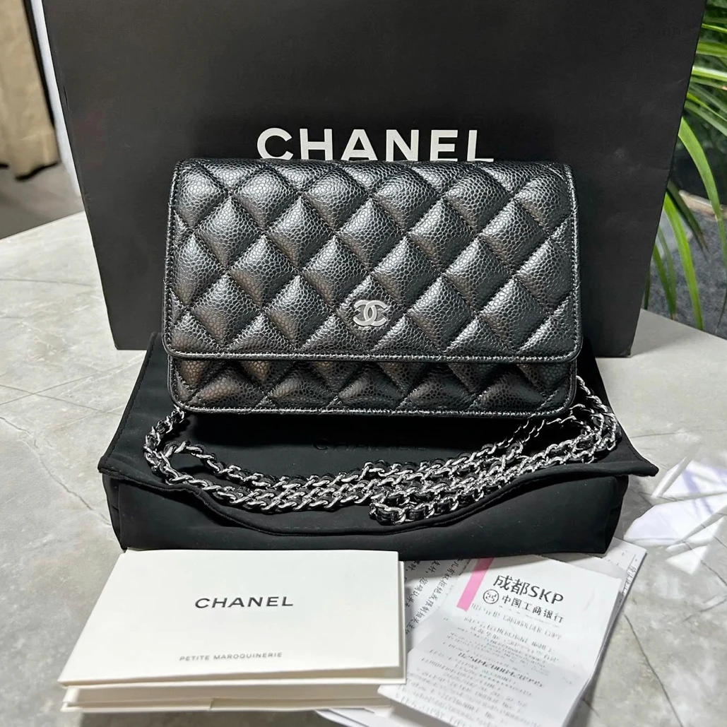 未使用 Chanel/香奈儿 黑银荔枝纹发财woc链条包