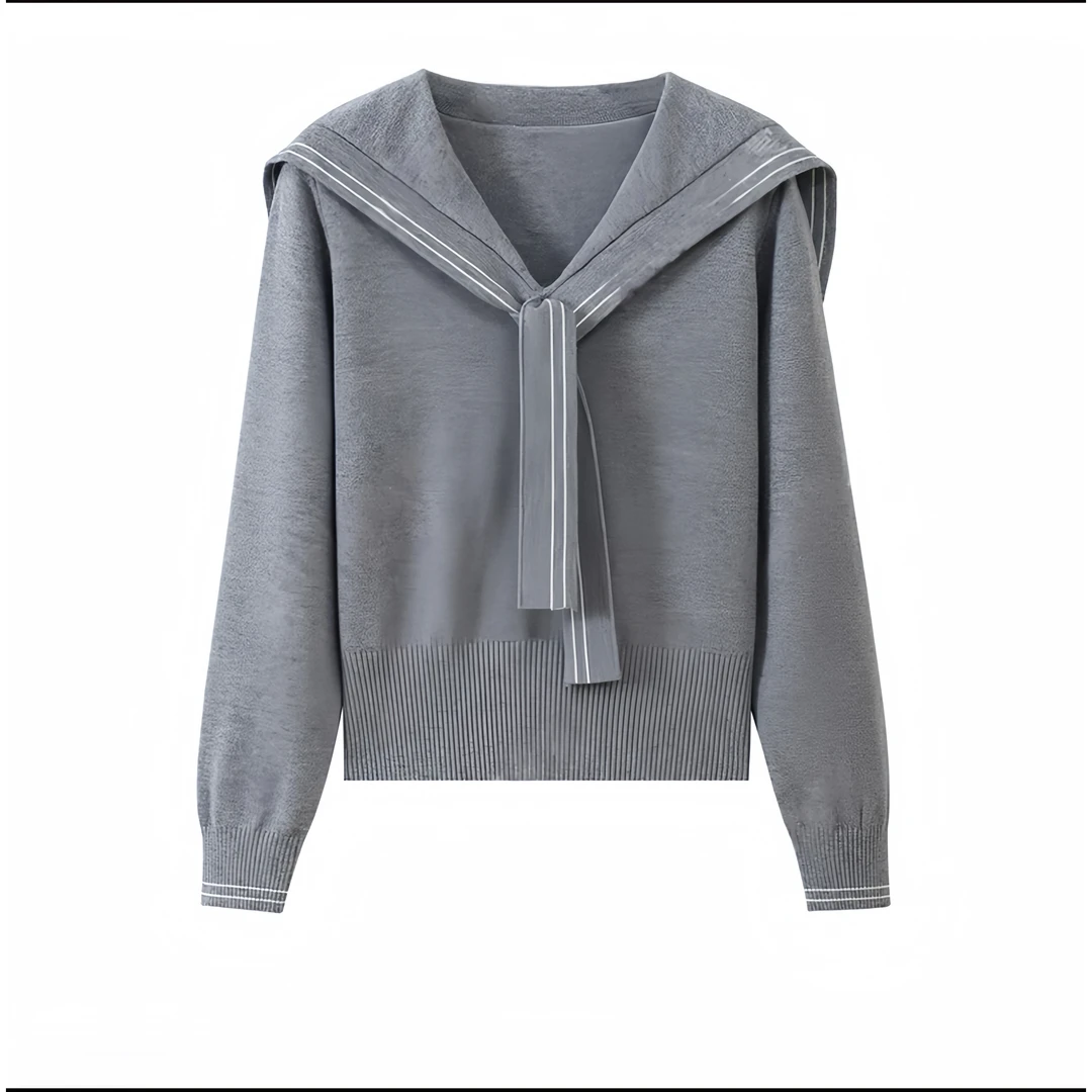 大码女装2025秋季新款百搭毛衣毛针织衫学院风灰色海军领70130