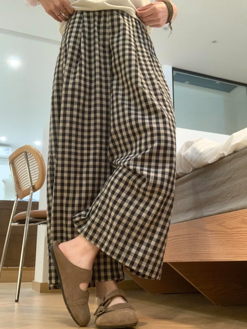 【DMXJ大梦想家】慵懒格纹高腰睡裤女款夏季新款亲肤阔腿长裤家居服