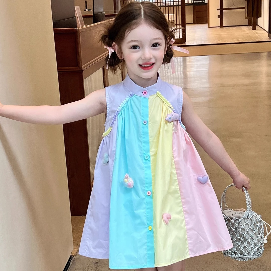 栀了成长记女童装撞色立领背心裙夏季儿童女宝时髦拼接无袖连衣裙