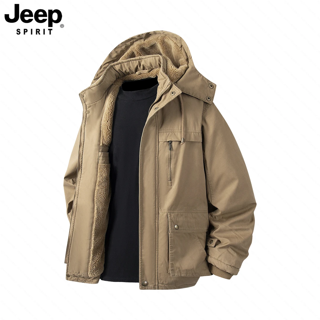 JEEP吉普纯棉棉服中长款加绒加厚连帽棉衣保暖男士休闲冬季外套