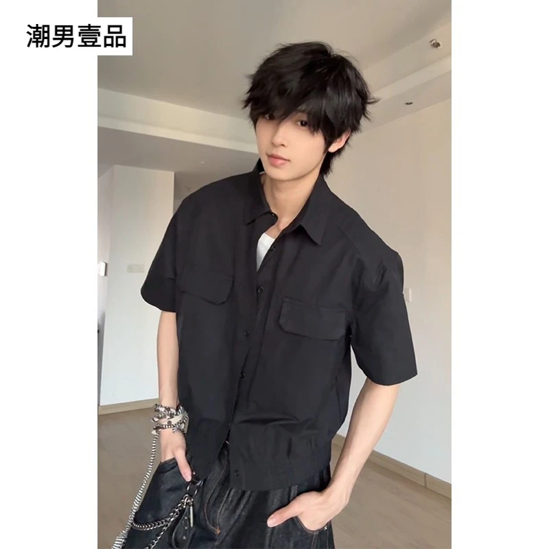 黑色双口袋纯棉短袖衬衫男款夏季cleanfit工装衬衣高级感学生外套