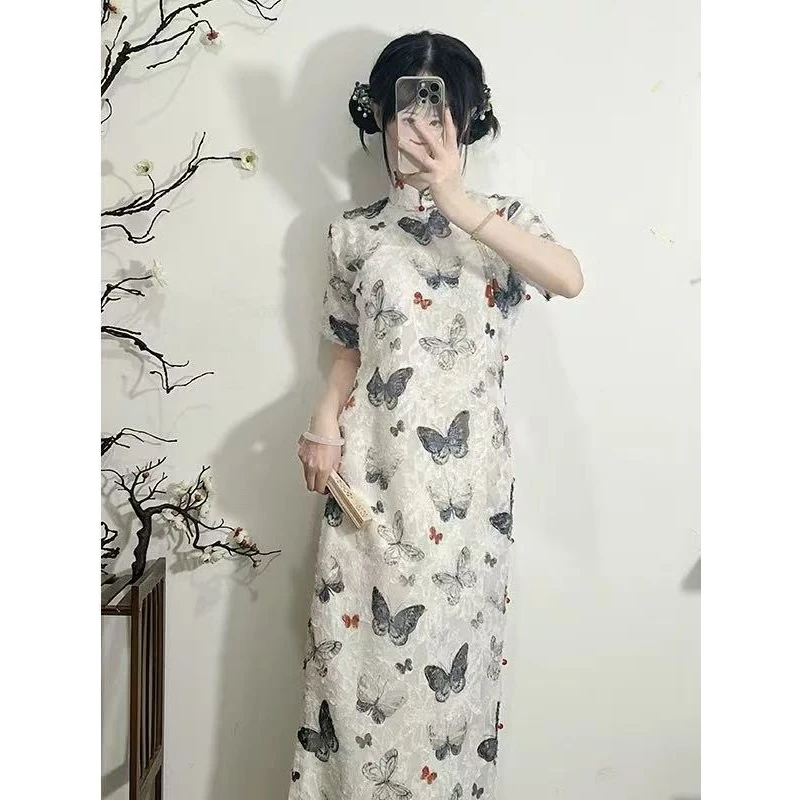 新中式国风蝴蝶印花旗袍长裙子女夏季2025新款气质收腰显瘦连衣裙