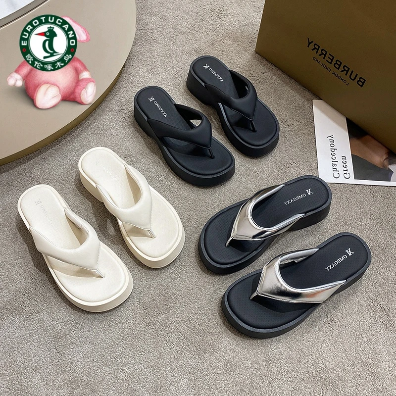 欧伦啄木鸟2025夏时尚厚底增高小个子百搭经典人字夹趾外穿女拖鞋