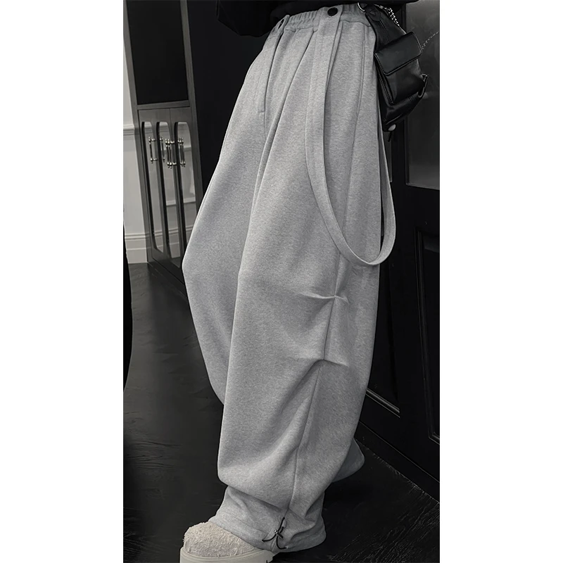 龙叨叨秋冬新款潮流纯色设计感打褶背带宽松百搭弯刀休闲裤