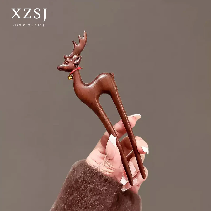 一鹿相伴~手工金丝檀木发簪头饰U型钗子古风简约盘发头花木头簪子