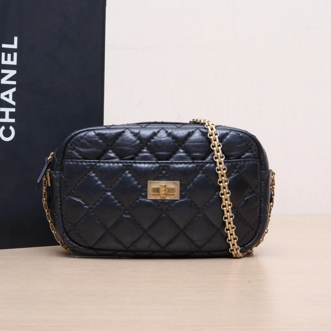 95新 Chanel/香奈儿 【黑黑】2.55 相机包 黑色 26开 377164