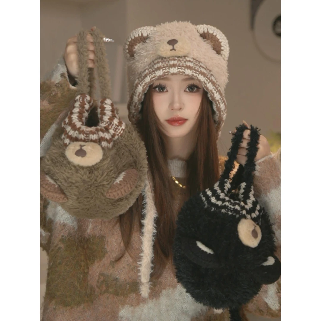 YINZHE日系可爱小熊立体耳朵包头帽子女冬季新款保暖防风大头围护