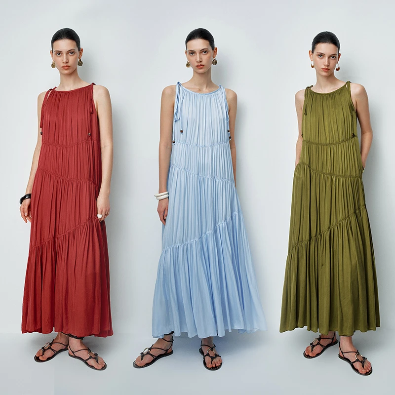 Fabrique【欧阳澄汐同款】三色新款落日洗铜氨缎吊带红色碎褶连衣裙