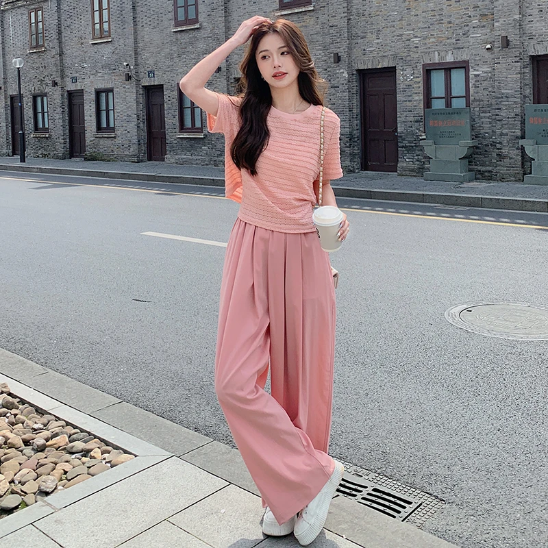 巨好看多巴胺粉色套装女夏2025超火减龄慵懒休闲运动阔腿裤一整套