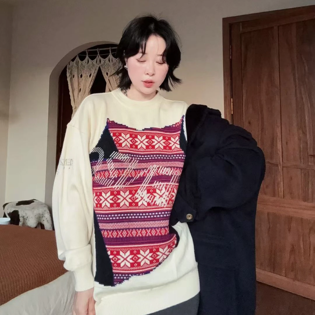 肯/米色美式毛衣圆领针织衫