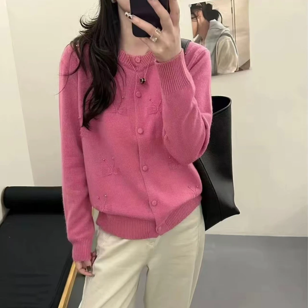 韩系圆领针织开衫2025秋冬新款洋气百搭宽松大码女装毛衣外套上衣