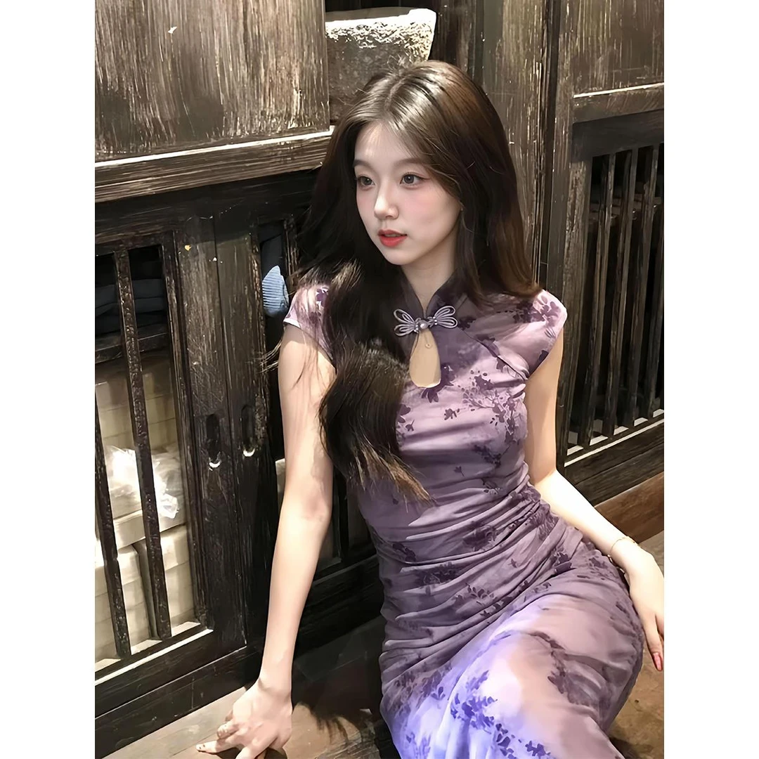 千金轻国风新中式紫色碎花连衣裙女夏季2025新款小个子收腰长裙子