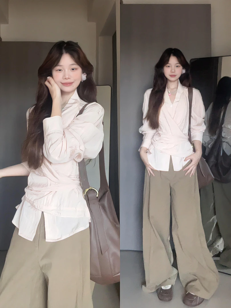 2025秋季斜跨韩系气质穿搭粉色衬衫上衣高腰复古休闲阔腿裤两件套