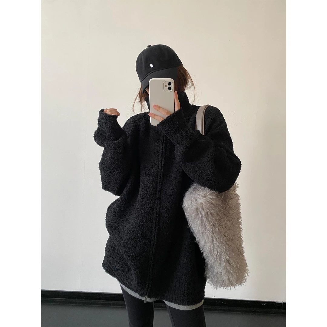 sun柚 半边绒宽松立领拉炼外套简约显瘦慵懒休闲纯色百搭中性夹克