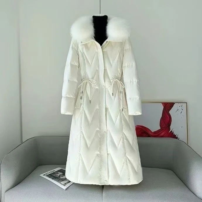 冬季长款狐狸毛领束腰女士淑女鹅绒服4EY018