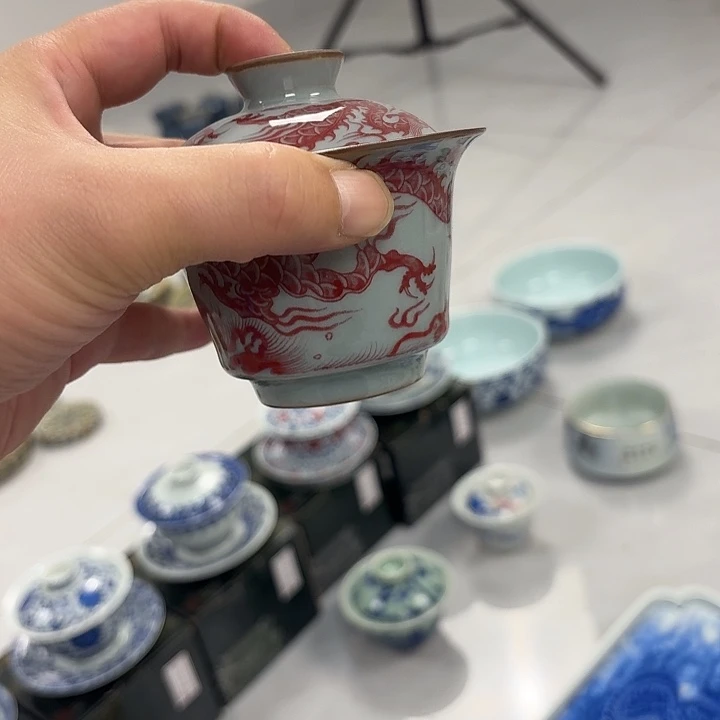 瓷片老陶泥釉里红铠甲龙二才马蹄盖碗