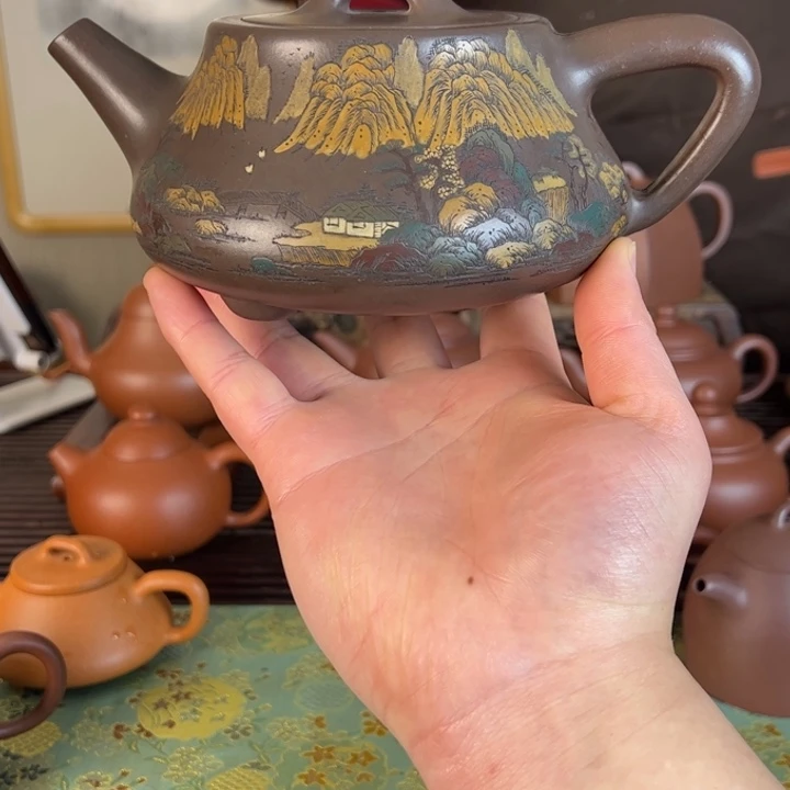 紫砂茶壶逍***哥全手工老紫泥石瓢➕王中亚泥绘