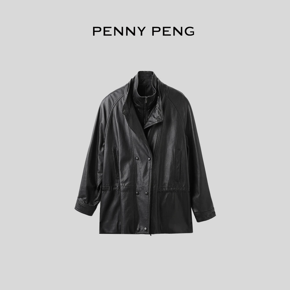 PENNYPENG大环线春季时尚宽松气质经典百搭卡其色长袖立领皮衣