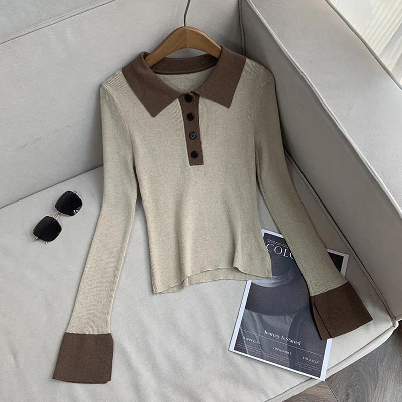 【南油溪溪】撞色翻领长袖羊毛针织衫秋冬高级感修身显瘦上衣801023