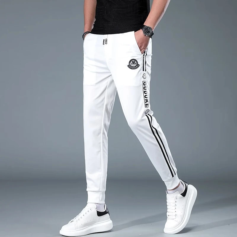 BQDK潮牌夏季冰丝白色休闲裤男弹力运动裤百搭修身卫裤束脚哈伦裤
