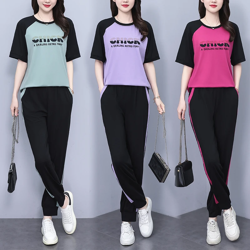休闲运动套装2025夏季新款拼色圆领短袖刺绣上衣束脚裤轻薄两件套