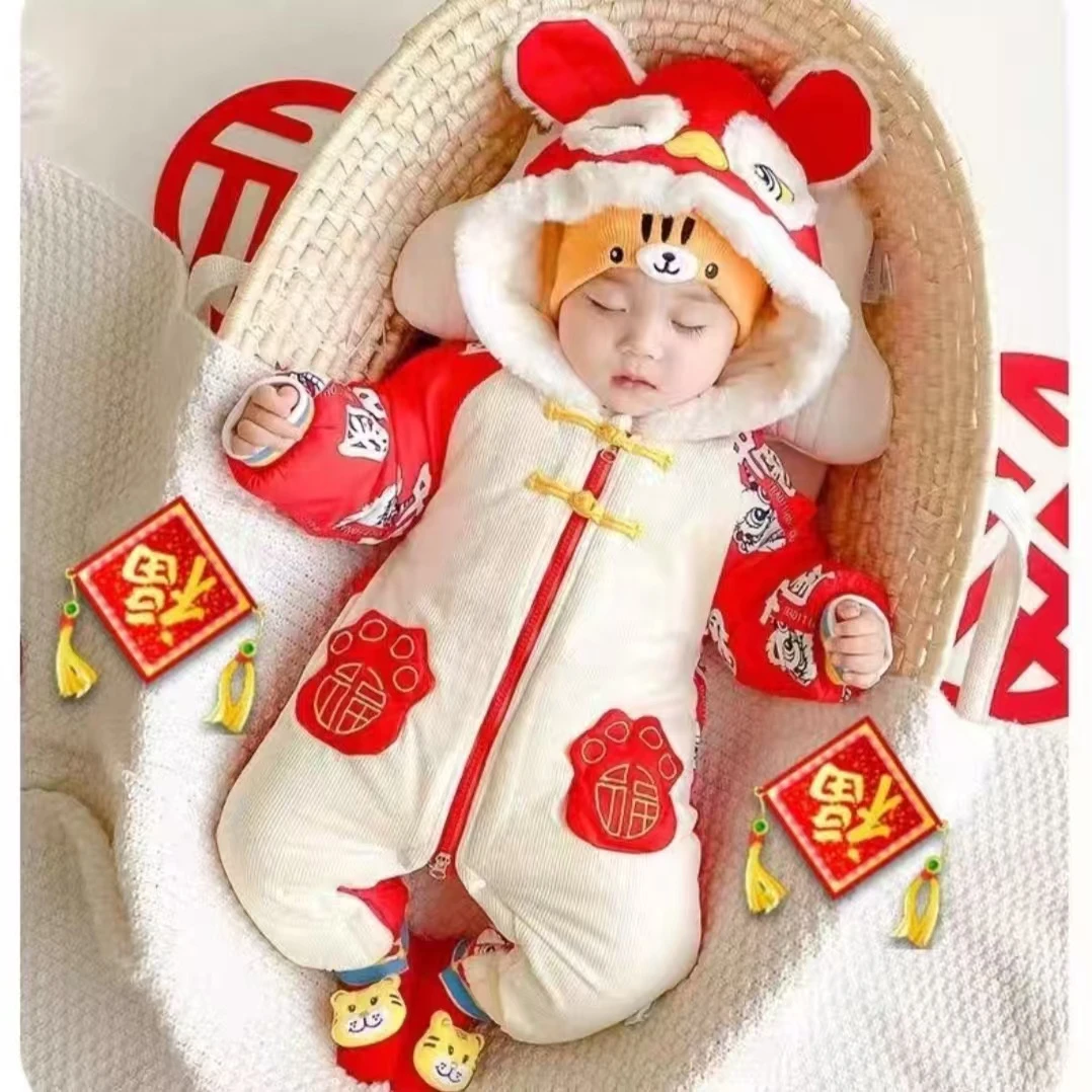醒狮冬季夹棉爬服婴儿宝宝连体衣红色哈衣喜庆加绒秋冬红色保暖