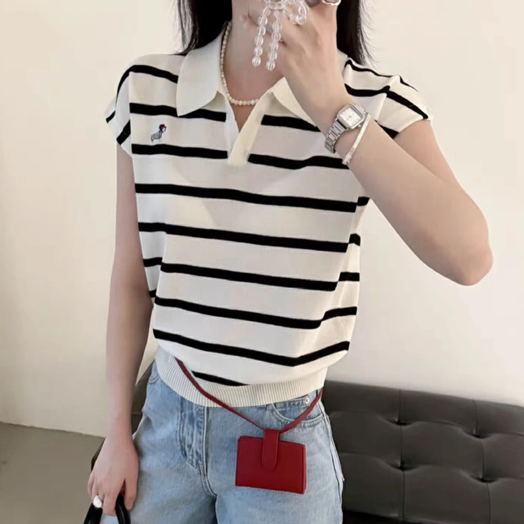 法式甜辣风polo领条纹背心女设计感小众外穿宽松百搭短款