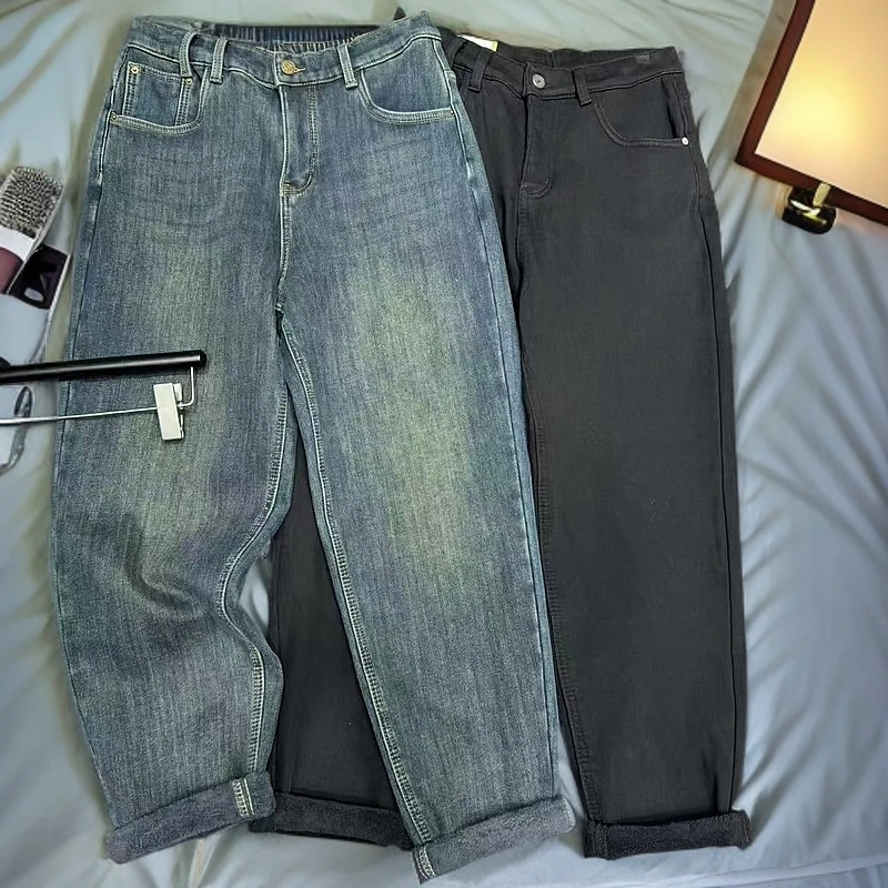 妮妮家6923复古百搭高腰显瘦加绒老爹牛仔裤