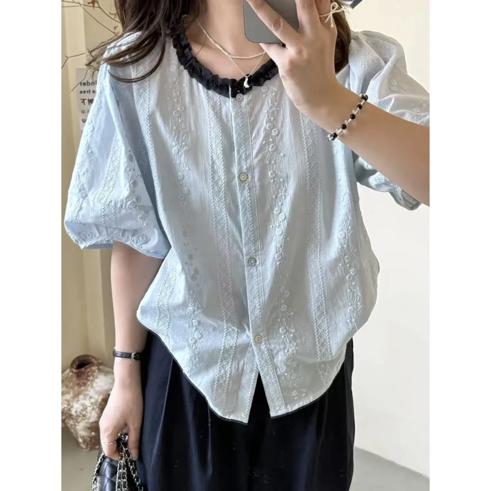 重工钩花刺绣被扣短袖衬衫女夏新款韩系拼色领洋气减龄宽松上衣潮