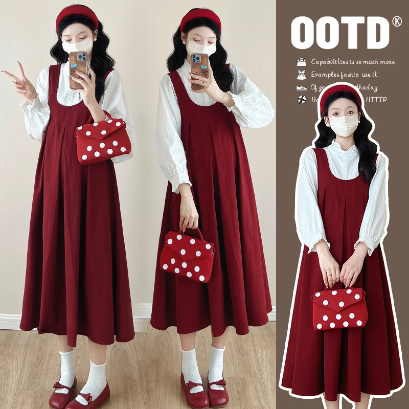 孕妇装秋冬装2025新款时尚背心孕妇连衣裙孕妇衬衫红色孕妇上衣