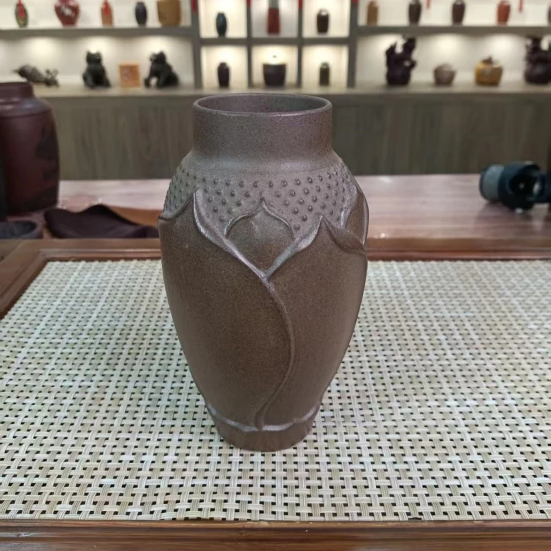 预 柴烧紫砂杯 便携杯 原矿紫砂手工杯  手工浮雕莲花杯