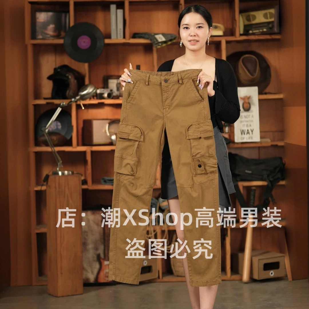 潮X秋季新款原创复古多口袋男士休闲工装裤宽松直筒百搭驼色潮牌