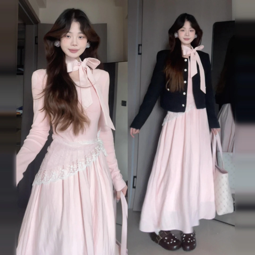 法式黑色长袖连衣裙子女早秋季2026新款小个子气质高级感穿搭长裙