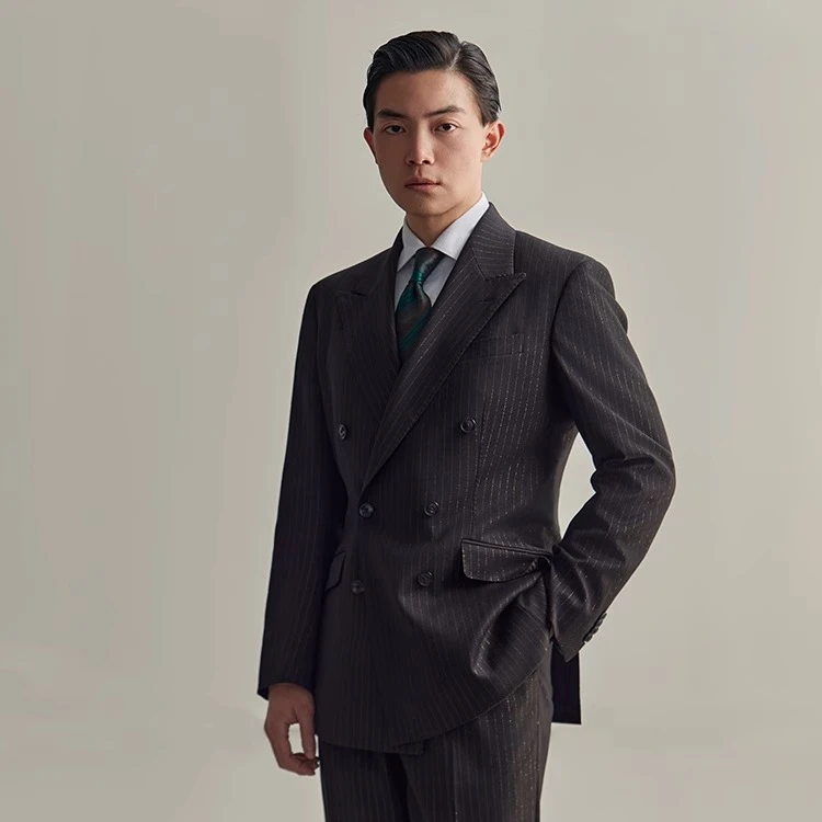 平圆方中【黄金线戗驳领双排扣西服】重磅商务条纹男士西装套装外套