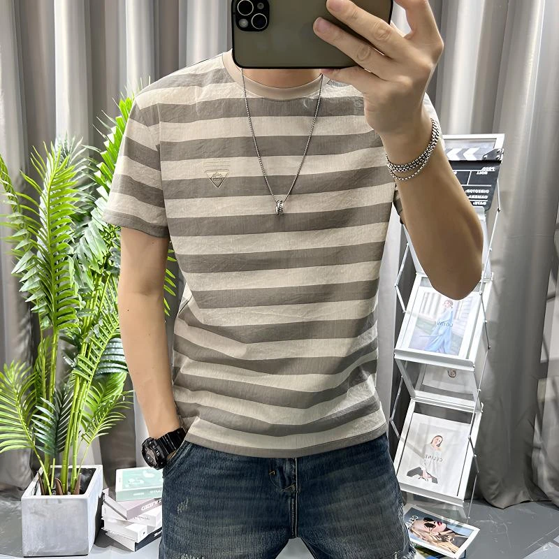 殿若夏季新款麻料短袖t恤男条纹修身潮牌潮流绣标棉麻体恤半袖衫