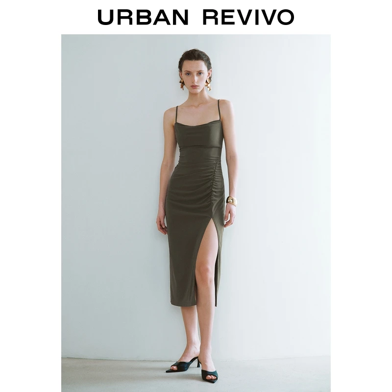 UR2025夏季新款女波嬉风褶皱收腰修身吊带连衣裙UWG750033