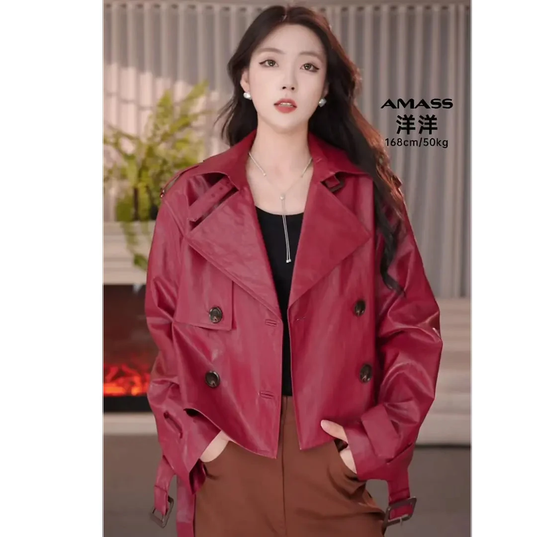 AMASS/阿玛施540063翻领短款女双排扣女士英伦风双排扣短外套