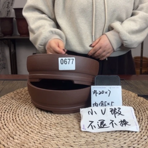 紫砂花盆微瑕紫泥浅圆两只0677