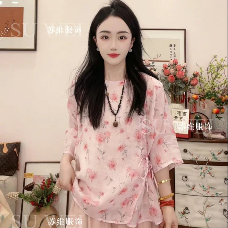 8086苎麻印花五分袖复古风提花轻衬衫中式女装上衣