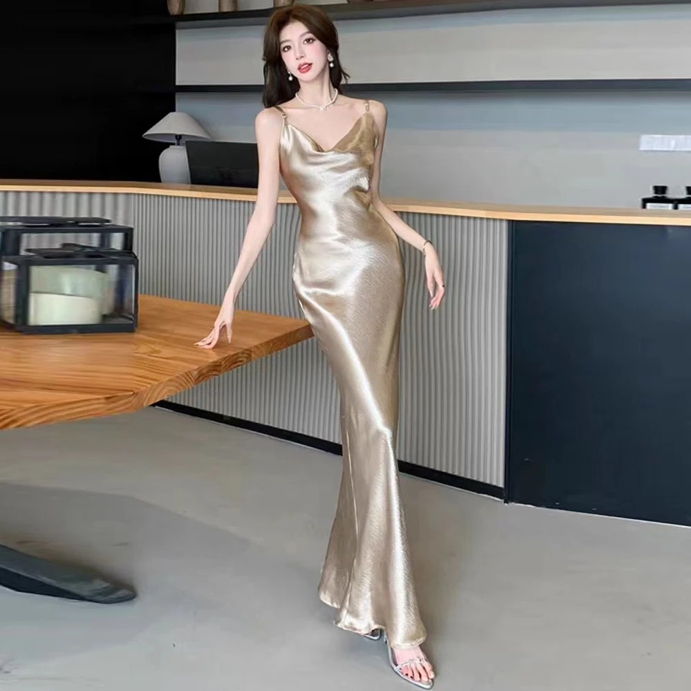 高级感长款高端缎面吊带长裙荡领绝美吊带设计感小众连衣裙7712#