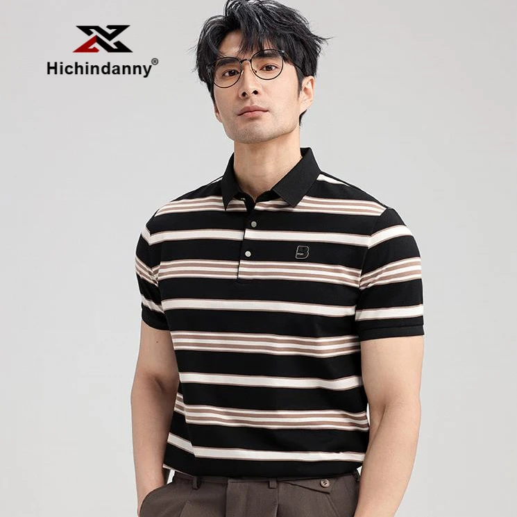 HICHIN男士运动POLO衫夏季薄款短袖修身商务休闲透气条纹复古t恤