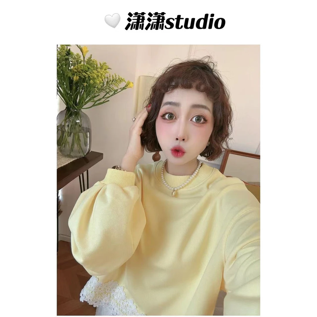 【柠檬黄卫衣】潇潇自制下摆拼接蕾丝泡泡袖圆领韩系百搭卫衣XS2335