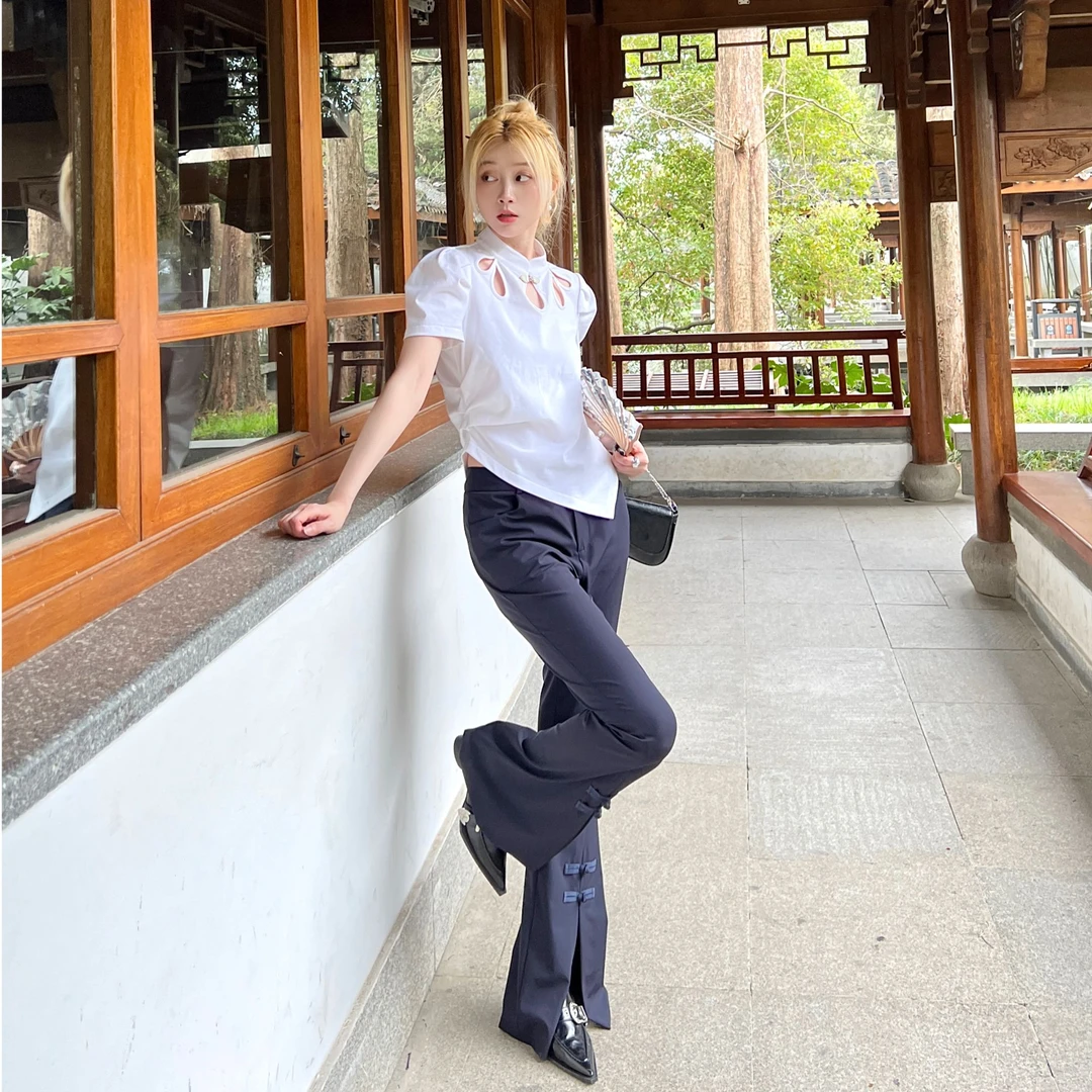 CC591 STUDIO休闲裤喇叭裤设计师女士高腰薄款开叉百搭夏季微喇叭