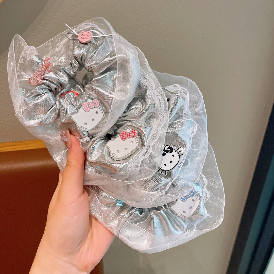 高级感银色儿童花朵发圈女童kt猫扎丸子头发绳女孩蝴蝶结头饰头花