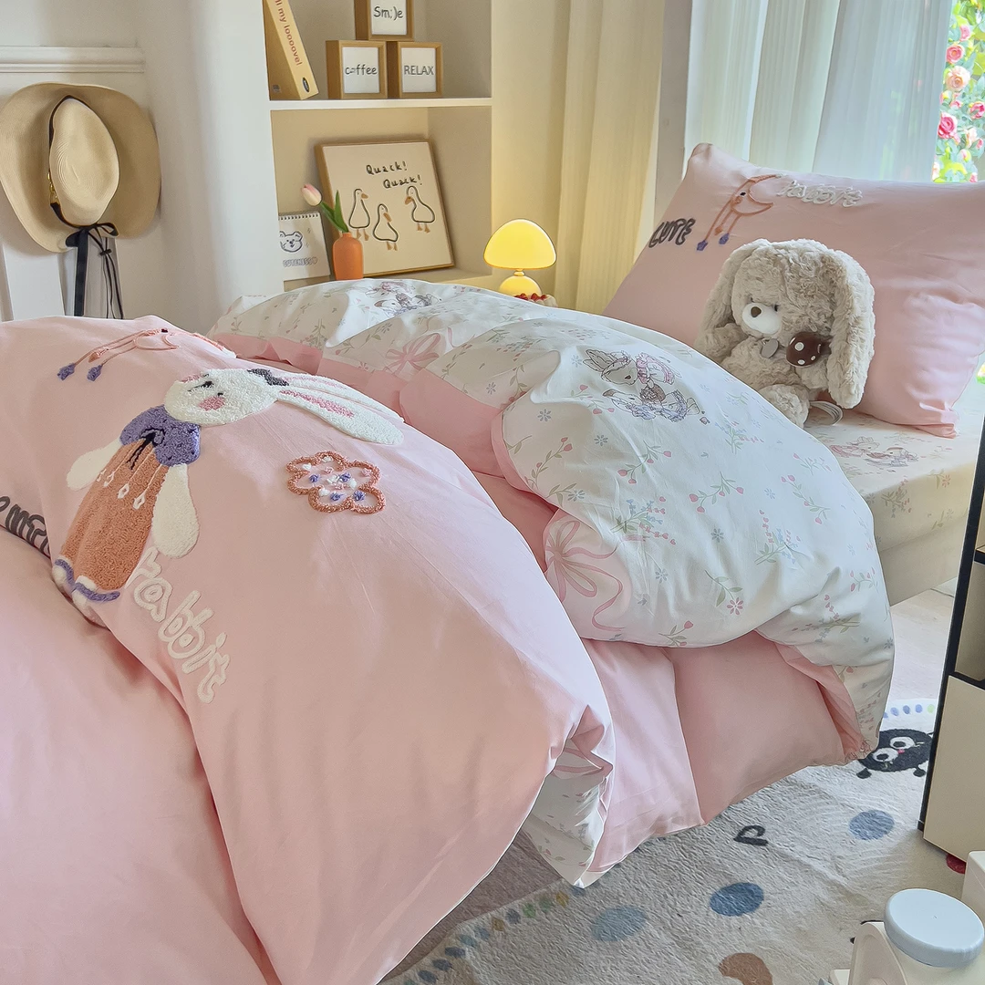 愿心兔粉白大学生宿舍床品三件套全棉纯棉床单被套床垫被芯六件套