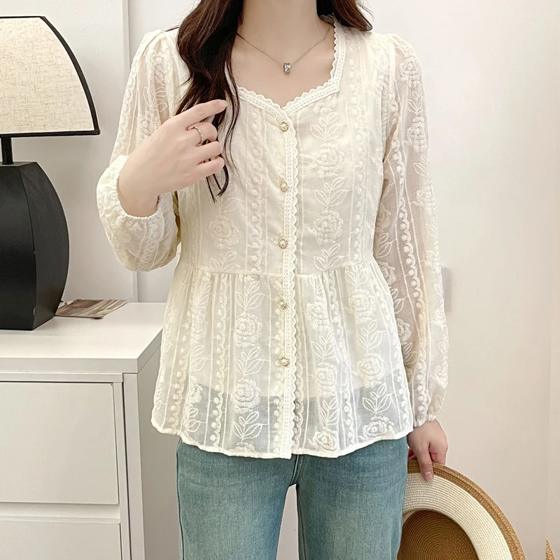 季念秋季新款百搭方领上衣法式刺绣小衫韩版气质宽松显瘦长袖上衣