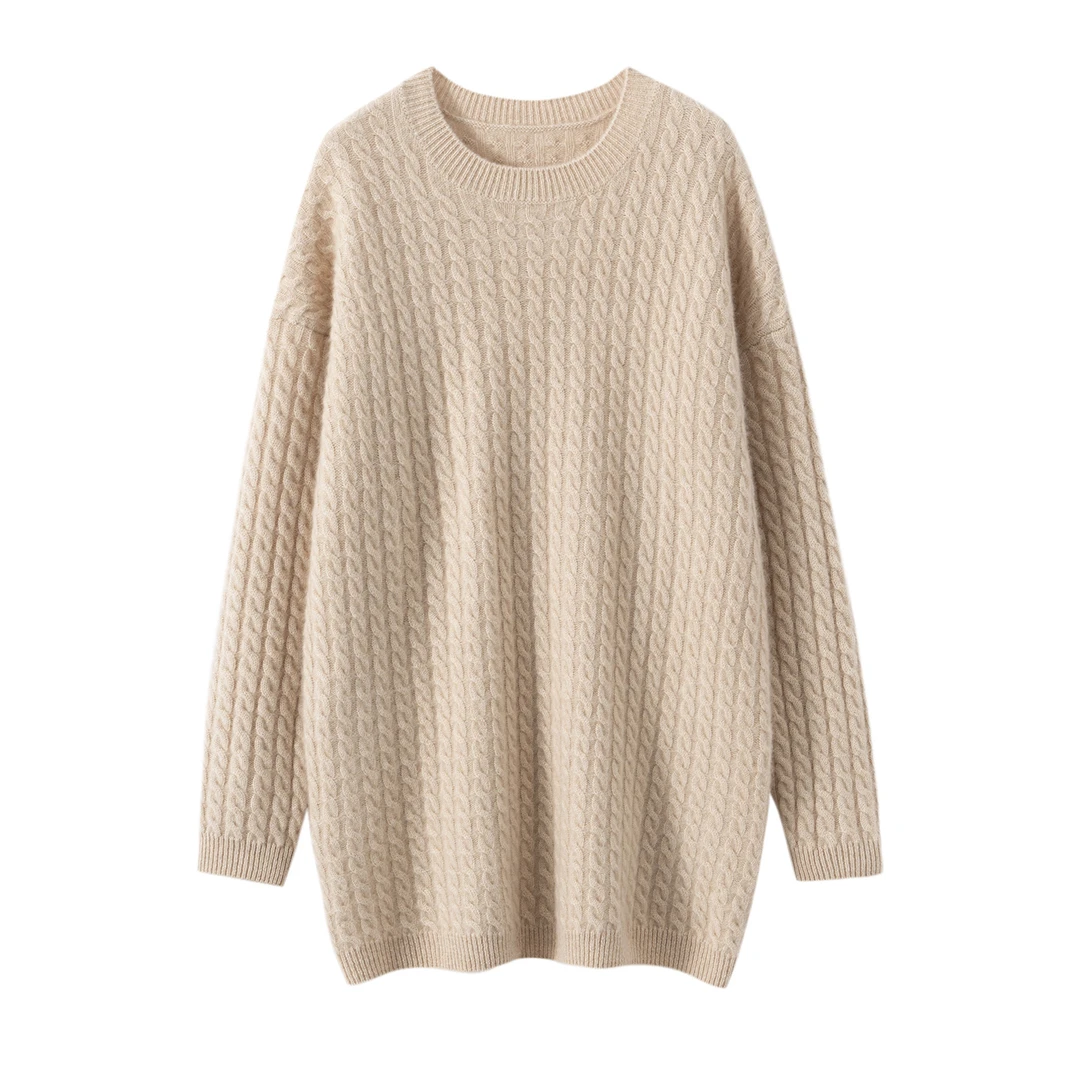 100%女士纯山羊绒衫圆领加厚中长款慵懒风百搭针织毛衣女款