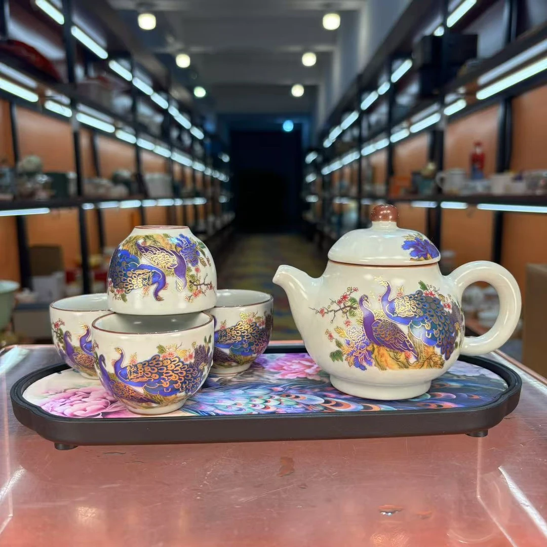 秋香茶具 福佑单雀黄汝梨型壶一壶四杯小套装家用功夫茶具套-2558