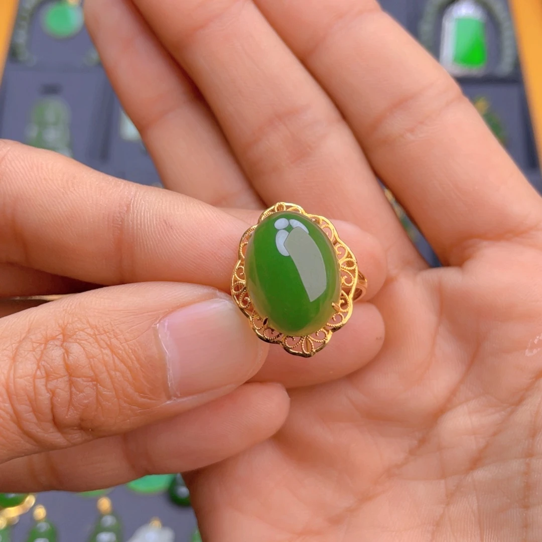 和田玉（碧玉）戒指18K金镶嵌芯*蕊戒指